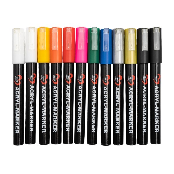 Acryl-Marker, mit Pump-Ventilsystem, 10 Farben, 3mm Strichstärke, 12 Stück