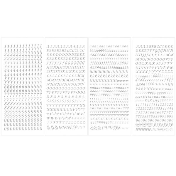 Stickerbogen, Buchstaben & Zahlen, silber, 4 Bogen