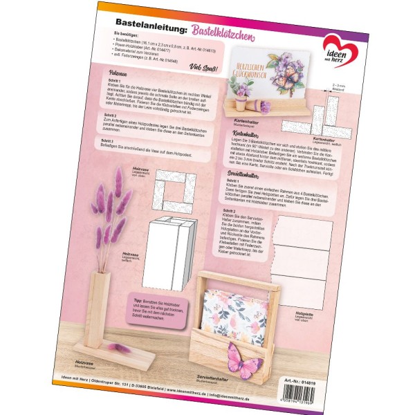 Bastelanleitung: Bastelklötzchen 1, Vase, Karten- & Serviettenhalter aus Holz, DIN A4