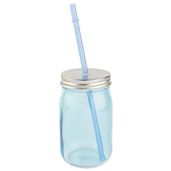 Trinkglas mit Deckel und Trinkhalm, 7,5cm x13cm x7,5cm, blau