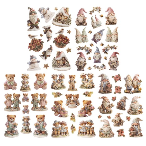 3-D Relief-Sticker, Porzellan-Optik, Wichtel & Teddys, versch. Größen, 5 Bogen