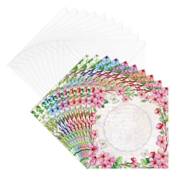 Motiv-Grußkarten & Umschläge, Aquarell-Blütenrahmen 1, 16cm x 16cm, 5 verschiedene Farben, 20-teilig