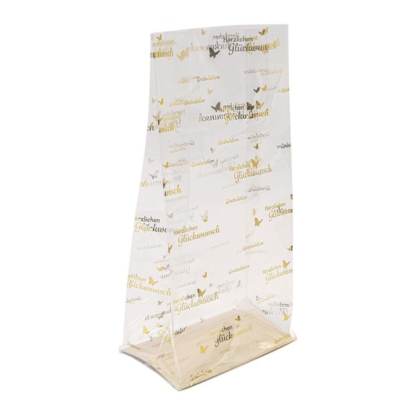 Blockbodenbeutel, Gratulation, 14cm x 9cm, 30cm hoch, mit Goldfoliendruck, 30 Stück