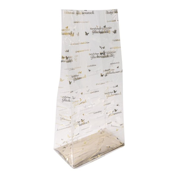 Blockbodenbeutel, Gratulation, 16cm x 10cm, 35,5cm hoch, mit Goldfoliendruck, 30 Stück