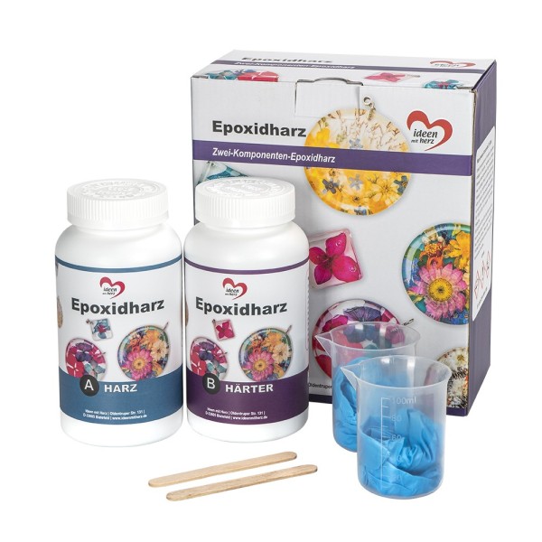 Epoxidharz, 500ml Harz, 500ml Härter, inkl. 1 Paar Einweghandschuhe, 2 Holzspatel und 2 Messbecher