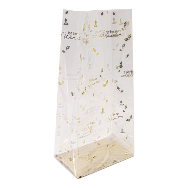 Blockbodenbeutel, Mit besten Wünschen, 14cm x 9cm, 30cm hoch, mit Goldfoliendruck, 30 Stück