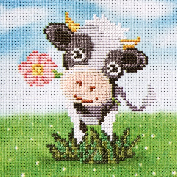 Stickbild-Set, malerischer Hintergrund,  14,5x14,5cm, Kuh