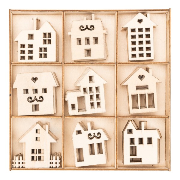Streu-Deko, Holz, Häuser 2, 9 versch. Designs, je 7 Stück, 1,6mm stark, natur, 63 Teile