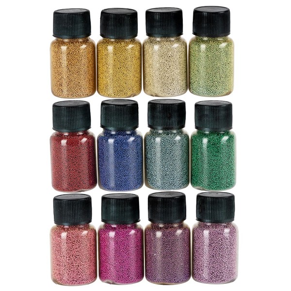 Glaskügelchen Ø 0,6mm-0,8mm, 20g, versch. Farben, metallic, 12 Stück