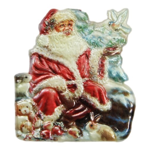 Wachsornament, Nikolaus mit Kaninchen, farbig, geprägt, 7x7cm
