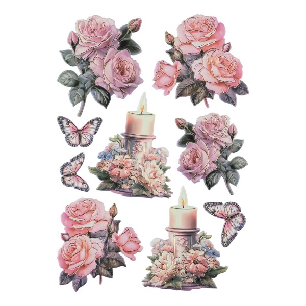 3-D Relief-Sticker, Kerzen mit Blumen 1, Folienveredelung Hellgold, versch. Größen, selbstklebend
