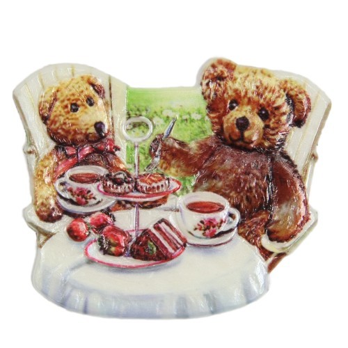 Wachsornament Teddys beim Kaffeetrinken, farbig, geprägt, 6,5 x 7,5 cm