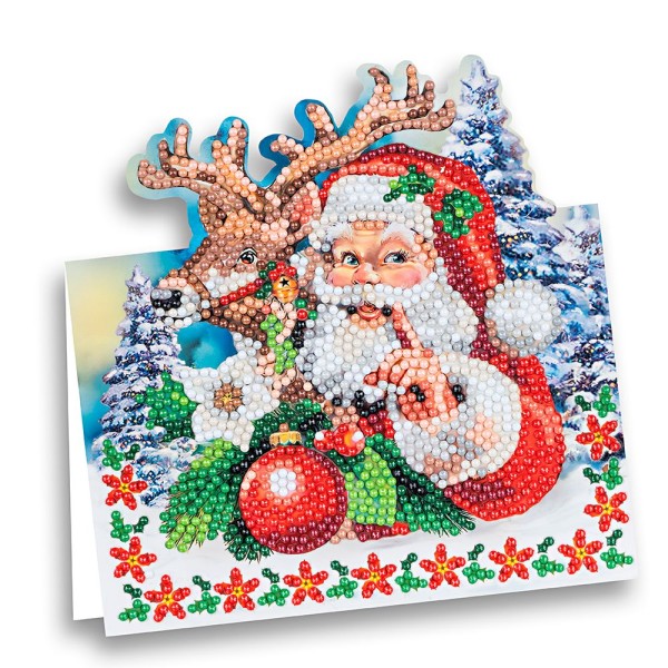 Diamond-Painting-Aufstellkarte, Weihnachtsmann mit Rentier, 16,3cm x 16cm, inkl. Umschlag & Werkzeug