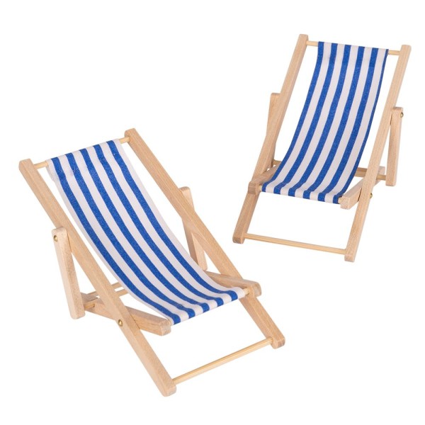 Miniatur-Liegestühle, blau-weiß gestreift, 2 Stück