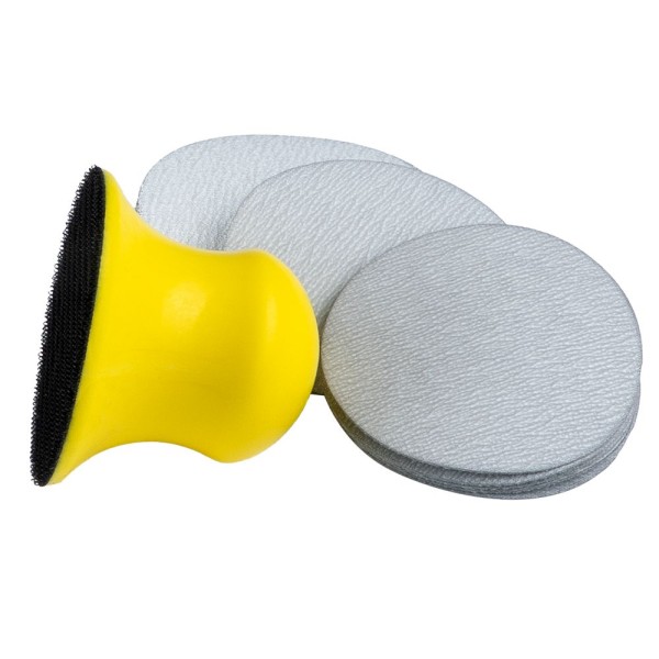 Handschleifblock mit Klett, Ø7,3cm, 6cm hoch, inkl. 15 Schleifpapiere in drei Körnungen