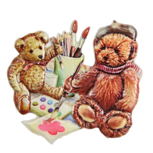 Wachsornament Teddys beim Malen, farbig, geprägt, 7,5 x 7,5 cm