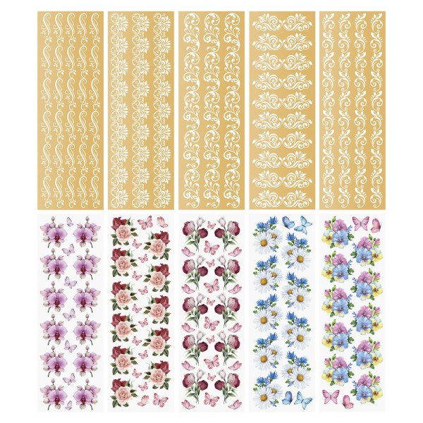 Premium-Transfers, Ornamentik & Blumen, 10cm x 30cm, Goldfolie & farbig, 10 Bogen