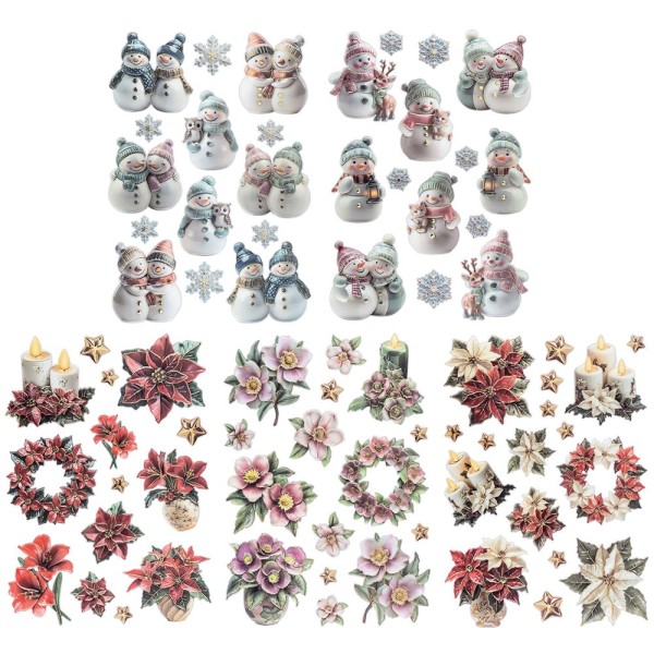3-D Relief-Sticker, Porzellan-Optik, Weihnachtsfloristik & Schneemänner, versch. Größen, 5 Bogen