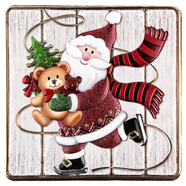 Relief-Sticker, Weihnachtsmann auf Holzpaneelen, Holz-& Metallic-Optik, 18cm x 17,5cm