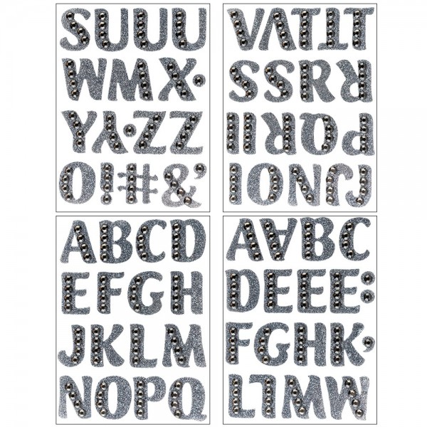 Glitzer-Sticker, Alphabet 2, 11cm x 15cm, anthrazit, mit Schmucksteinen, 4 Bogen