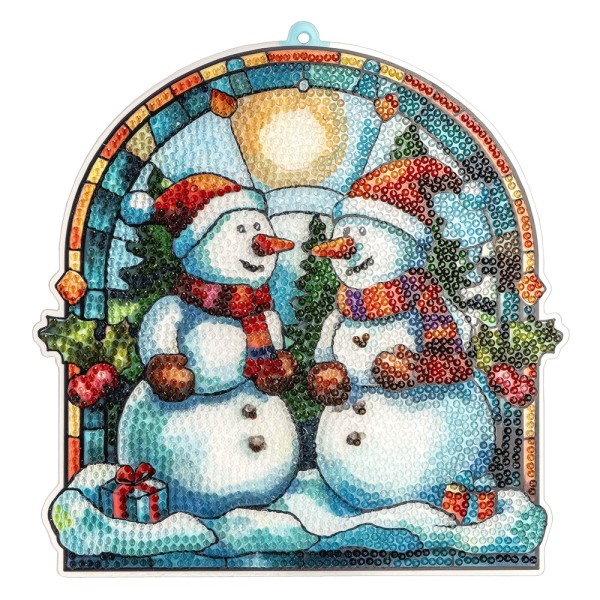 Diamond-Painting-Fensterbild, Glaskunst-Optik, Schneemänner, 19,9cm x 19,5cm