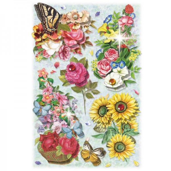 3-D Stickerbogen, Blumen auf Blau 4, 12,7 x 18,8 cm