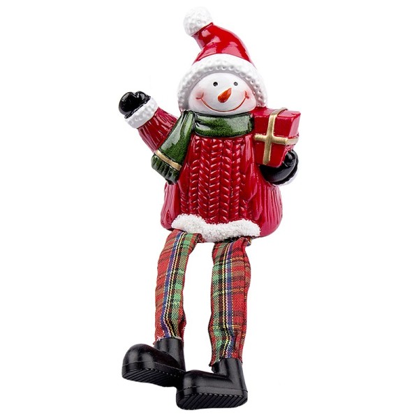 Schneemann mit Schlenkerbeinen & Geschenk, 18cm hoch, Kantenhocker