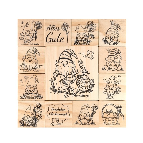 Holzstempel, Wichtel im Frühling, 13 Motive, 2 Größen, 13 Stück