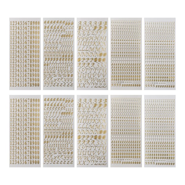 Sticker, Buchstaben und Zahlen, Perlmutt- und Spiegelfolie, versch. Designs, gold, 10 Bogen