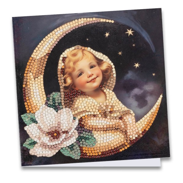 Diamond-Painting-Grußkarte, Kind im Mond, 16cm x 16cm, inkl. Zubehör