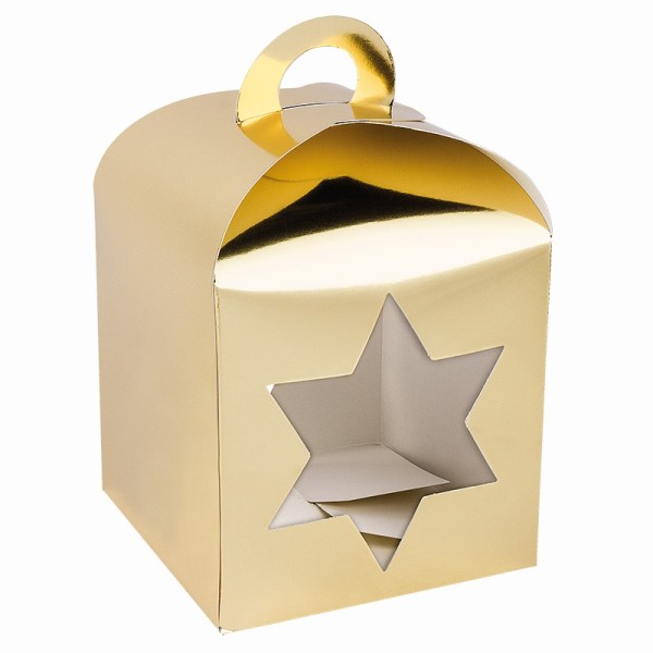 Faltboxen mit Stern-Ausstanzungen, geklebt, 11,5cm x 11,5cm x 11,5cm, Spiegelkarton, gold, 10 Stück