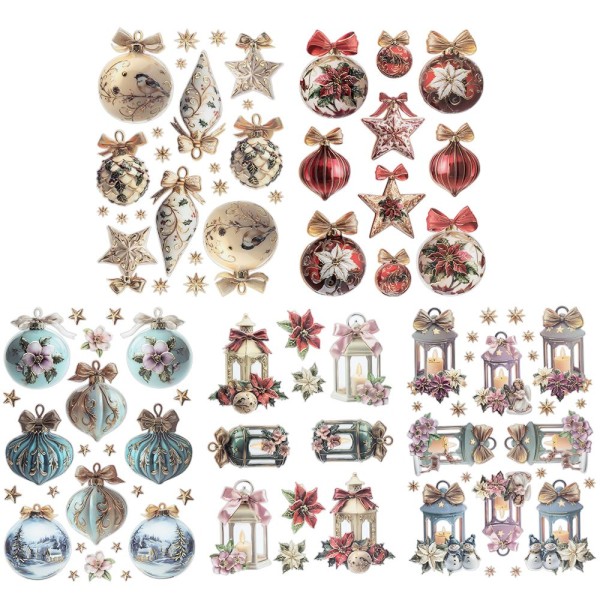 3-D Relief-Sticker, Porzellan-Optik, Weihnachtsschmuck & Laternen, versch. Größen, 5 Bogen