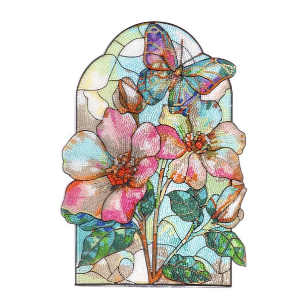 Diamond-Painting-Fensterbild, Glaskunst-Optik, XL, Schmetterling mit Blüten, 25,6cm x 35,9cm, 500µ