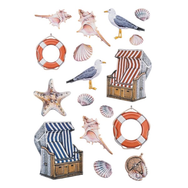 3-D Relief-Sticker, Maritim, Strandkorb, verschiedene Größen, selbstklebend