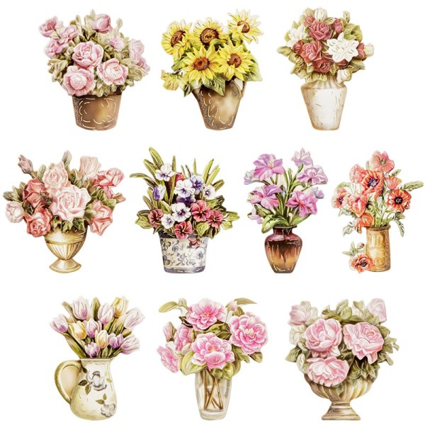 3-D Motive, Blumen mit Vase, Gold-Gravur, 6-8,5cm, 10er Set