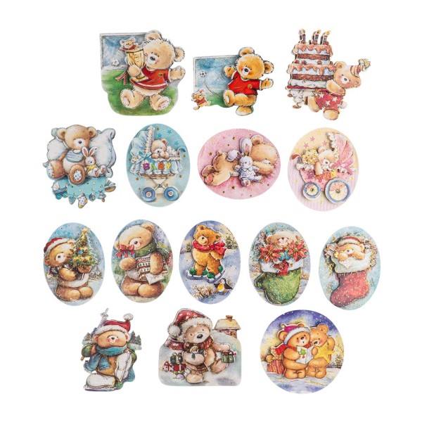 3-D Motive, Teddy, Goldprägung & Glimmerlack-Veredelung, 2x 15 Designs, 6,5-9,5cm, 30 Stück
