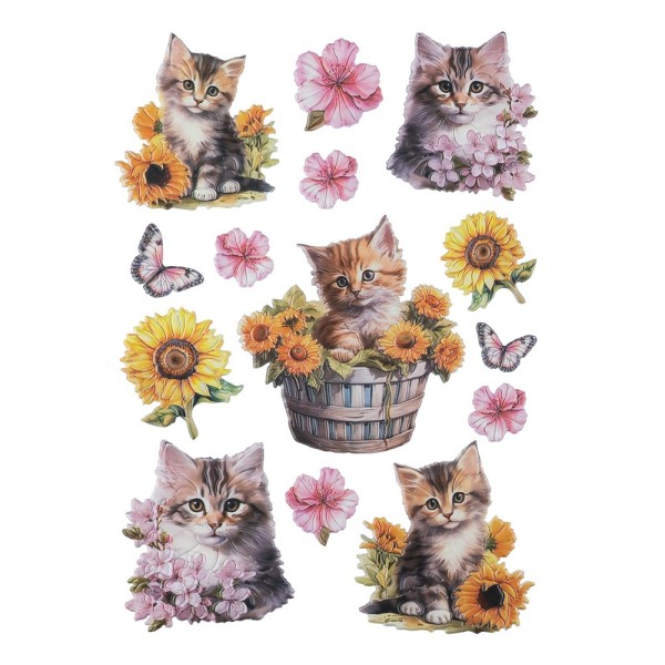 3-D Relief-Sticker, Katzen mit Blumen, verschiedene Größen, selbstklebend