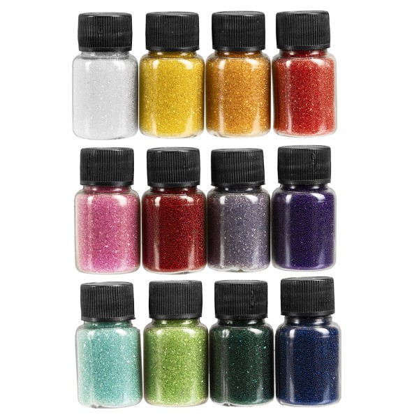 Glaskügelchen Ø 0,6mm-0,8mm, 20g je Dose, versch. Farben, 12 Stück