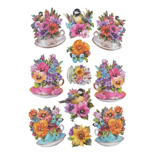 3-D Relief-Sticker, Blumen in Tassen 2, verschiedene Größen, selbstklebend