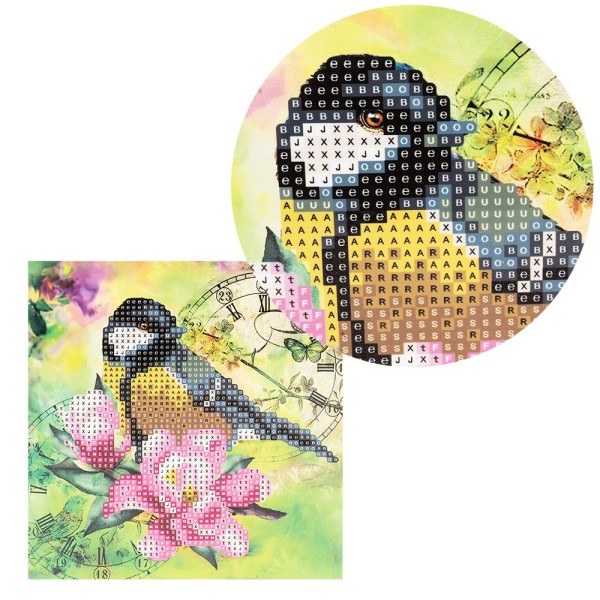 DiamondPaintingGrußkarte, Vogel & Blumen 2, 16cm x 16cm, inkl. Zubehör DiamondPainting