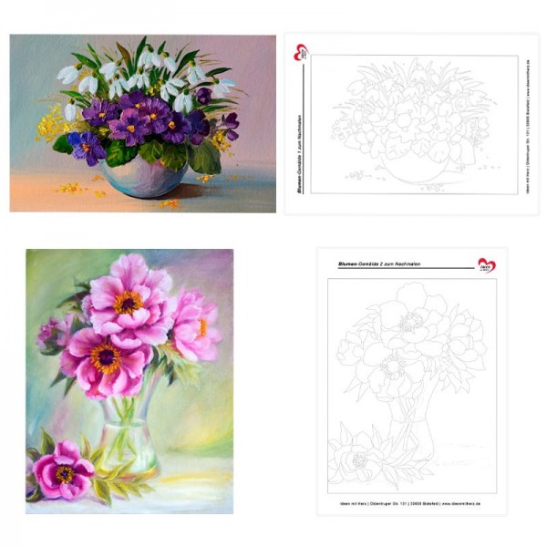 Vorlagebogen, Blumen-Gemälde zum Nachmalen, inkl. Gestaltungsbeispielen, DIN A4, 2 Stück