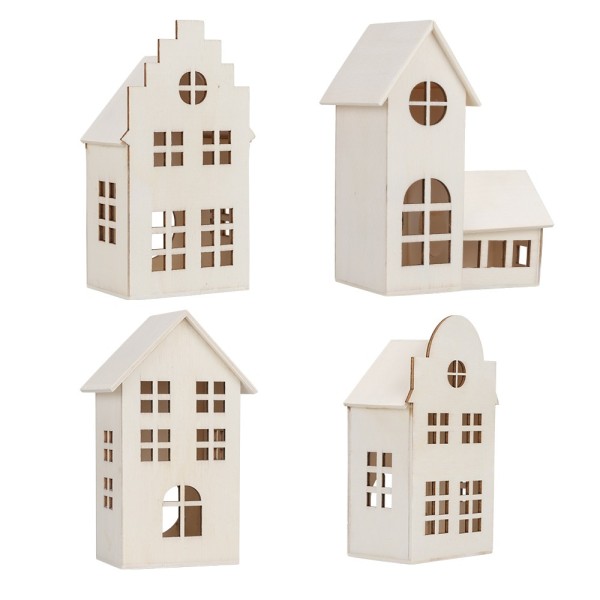 Häuser aus Holz, 4 Größen, mit Öffnung, 4 Stück
