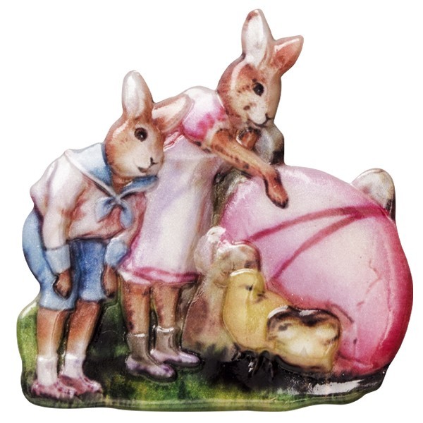 Wachsornament Osterhasen mit Küken, farbig, geprägt, 6-7cm
