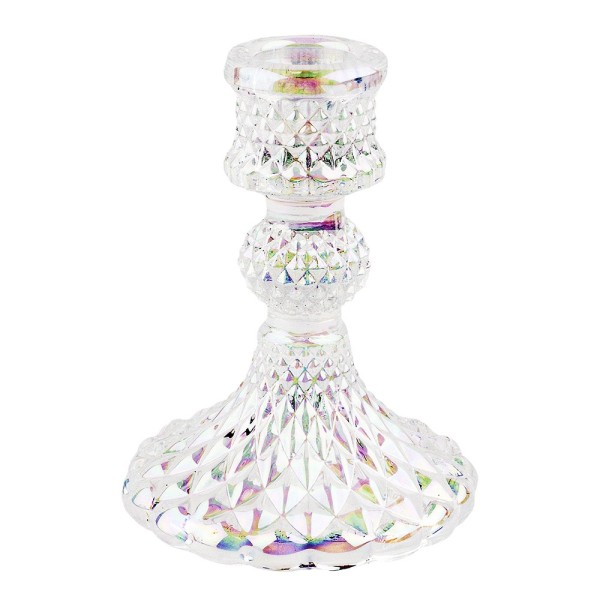 Glas-Kerzenhalter, facettiert, Fuß: Ø 8cm, 10cm hoch, für Kerzen mit Ø 2cm, klar-irisierend