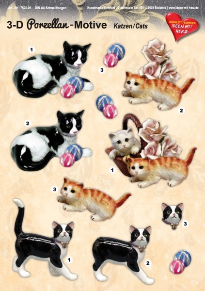 3-D Porzellan-Motive, Katzen, DIN A4 Bogen
