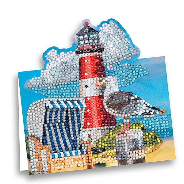 Diamond-Painting-Aufstellkarte, Möwe mit Leuchtturm, 16,3cm x 16cm, inkl. Zubehör