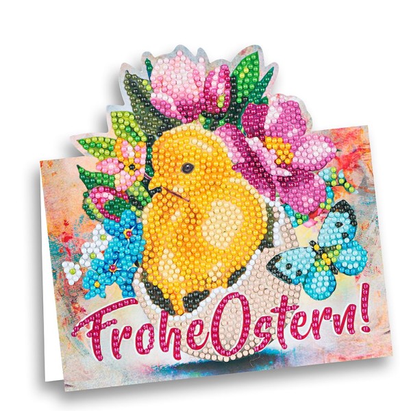 Diamond-Painting-Aufstellkarte, Küken mit Blumen, 16,3cm x 16cm, inkl. Zubehör