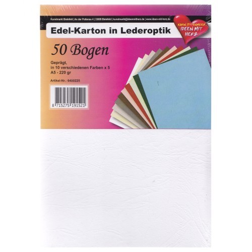 Edel-Karton in Lederoptik, DIN A5, 10 Farben, 50 Bogen