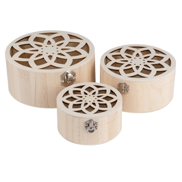 Boxen, Holz, rund, mit Laser-Ornamentik, verschiedene Größen, 3 Stück