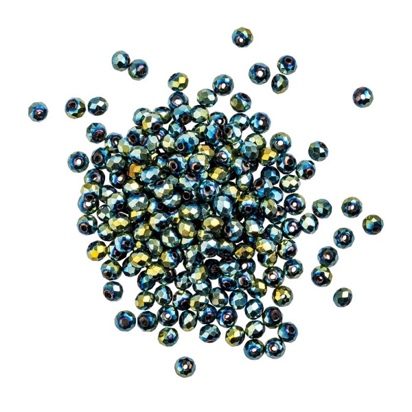 Perlen, rund, Ø 3mm, facettiert, grünblau-changierend, metallic, 200 Stück